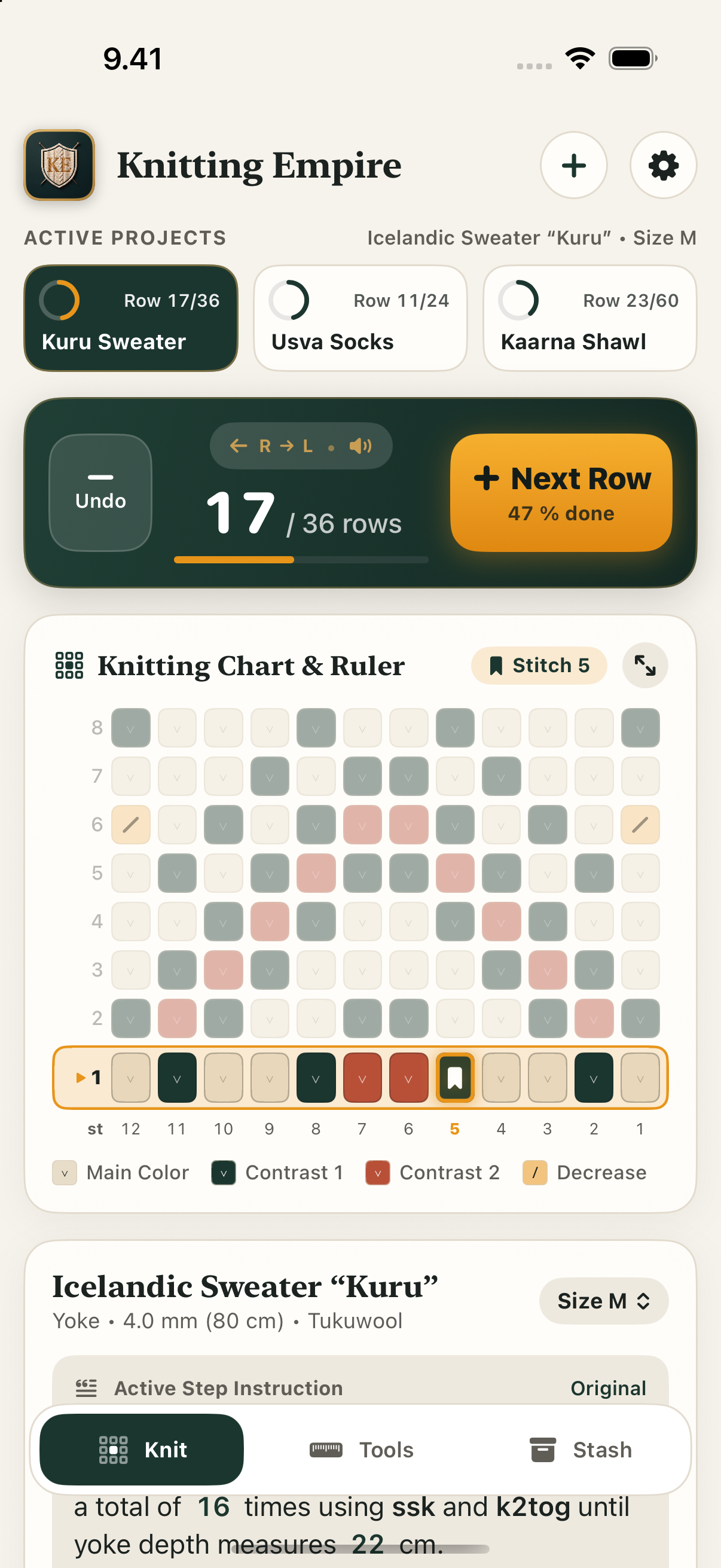 Knitting Empire Knit view (English UI): active projects, large row counter 17/36, knitting chart with smart ruler, and pattern instructions with Size M highlighted and inline definitions for M1L, SSK, and K2tog.