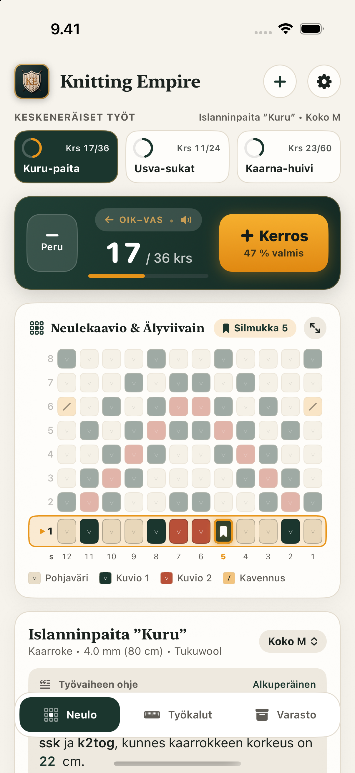 Knitting Empiren Neulo-näkymä: keskeneräiset työt, iso kerroslaskuri 17/36 krs, neulekaavio älyviivaimella sekä työvaiheen ohje valitun koon M korostuksella ja M1L-, SSK- ja K2tog-lyhenteiden suomennoksilla.