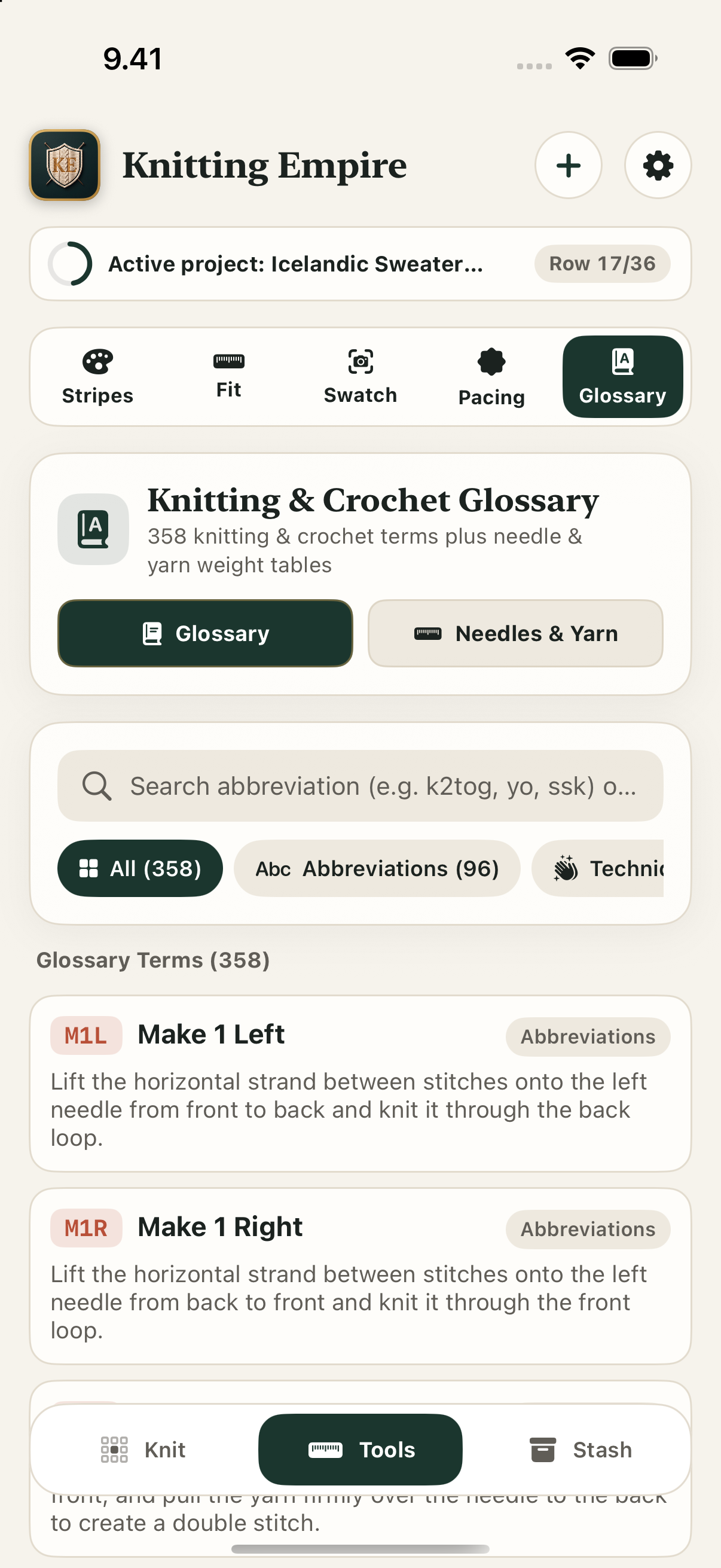 Glossary (Knitting Dictionary): automatic pattern line abbreviation decoder and 358 knitting & crochet terms.