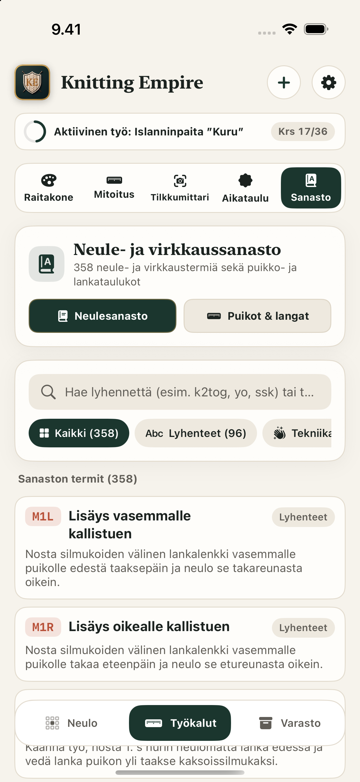 Englanti–Suomi-sanasto: ohjerivin automaattinen lyhennetulkki sekä 359 neule- ja virkkaustermiä.