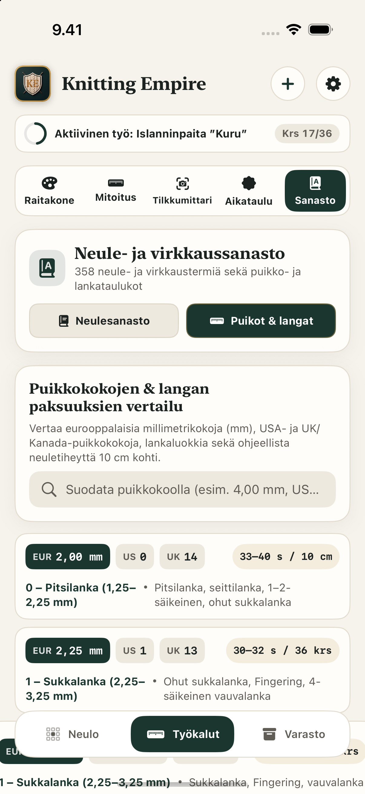 Muuntotaulukot: kansainväliset puikkokoot (mm, US, UK) ja lankavahvuudet (1 Fingering – 4 Worsted).