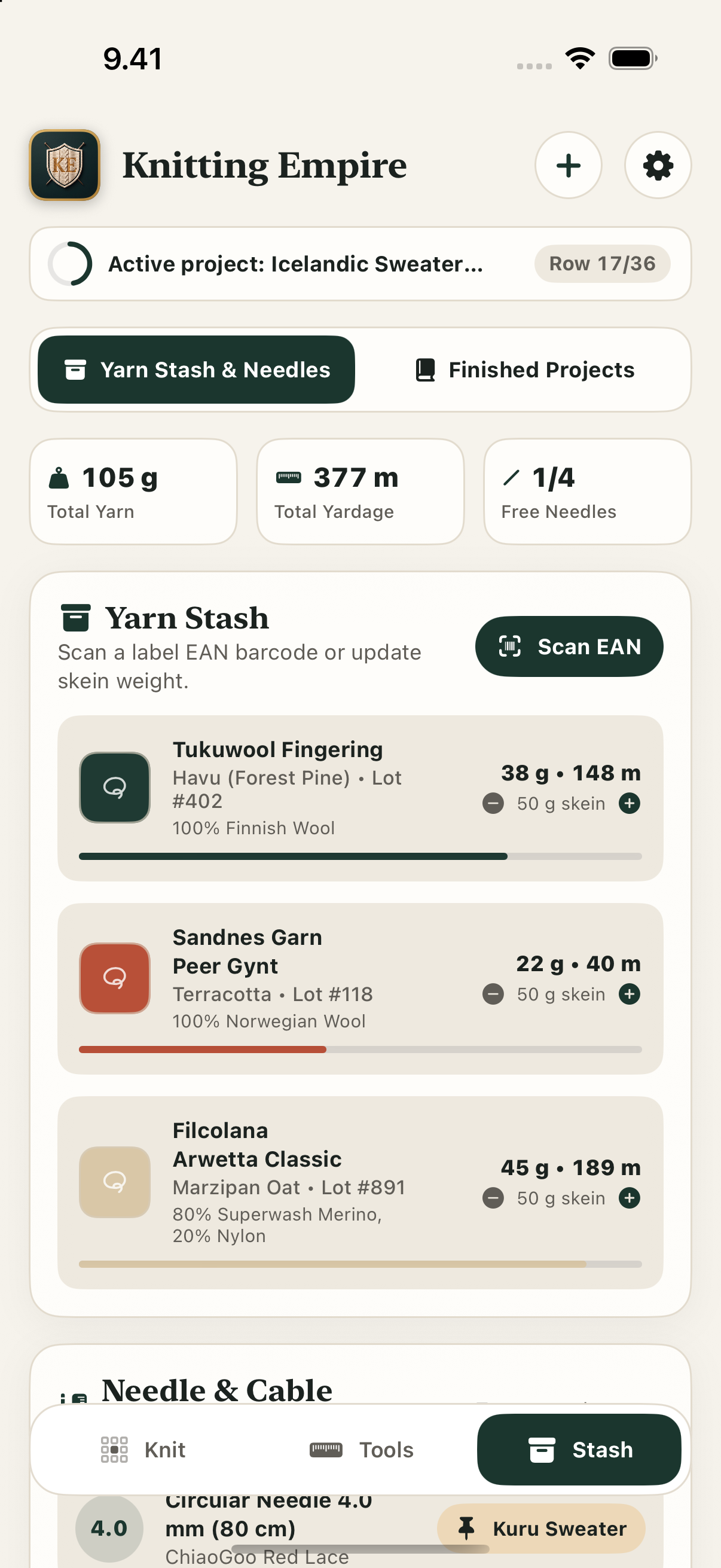 Stash (Inventory & Calculators): leftover yarn scale calculator, yarn stash with dye lots, and needle inventory.